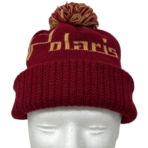 Vintage 70s Polaris Snowmobiles Cuffed Pom Pom Beanie Toque Winter Hat Red - Picture 1 of 9